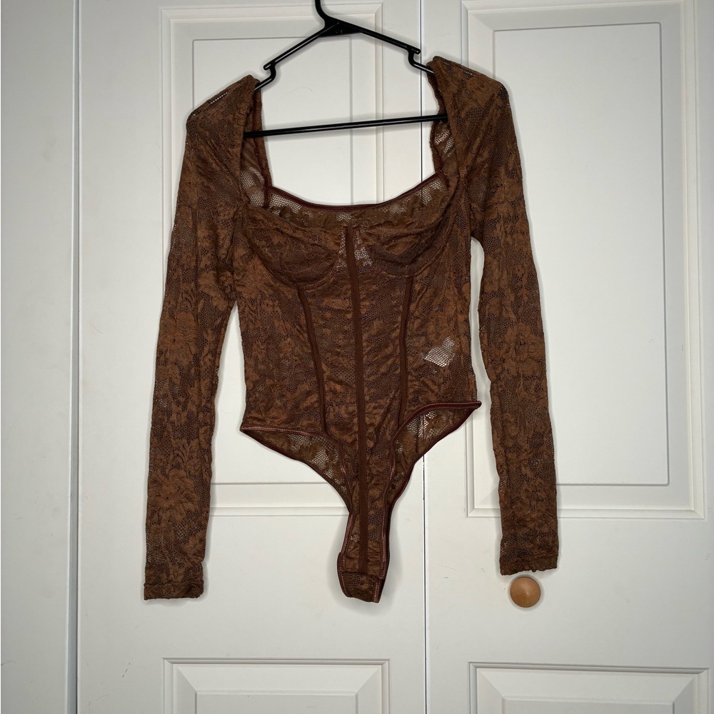 Vintage Brown Lace Long Sleeve Bodysuit